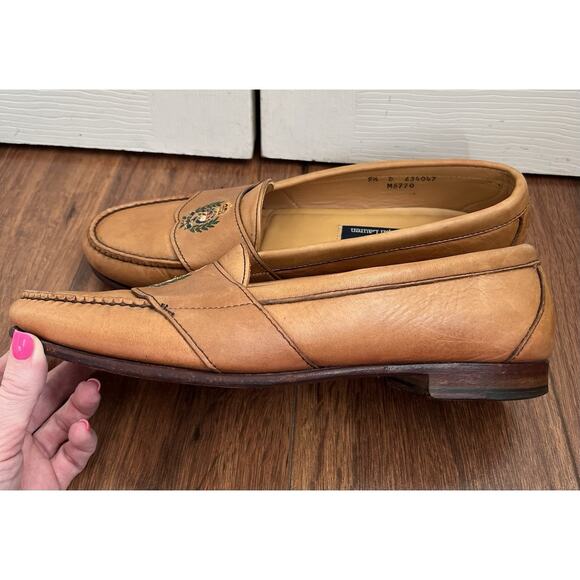 POLO RALPH LAUREN Men’s Vintage Camel Leather Embroidered Crest Loafers Sz 9.5D main image 16